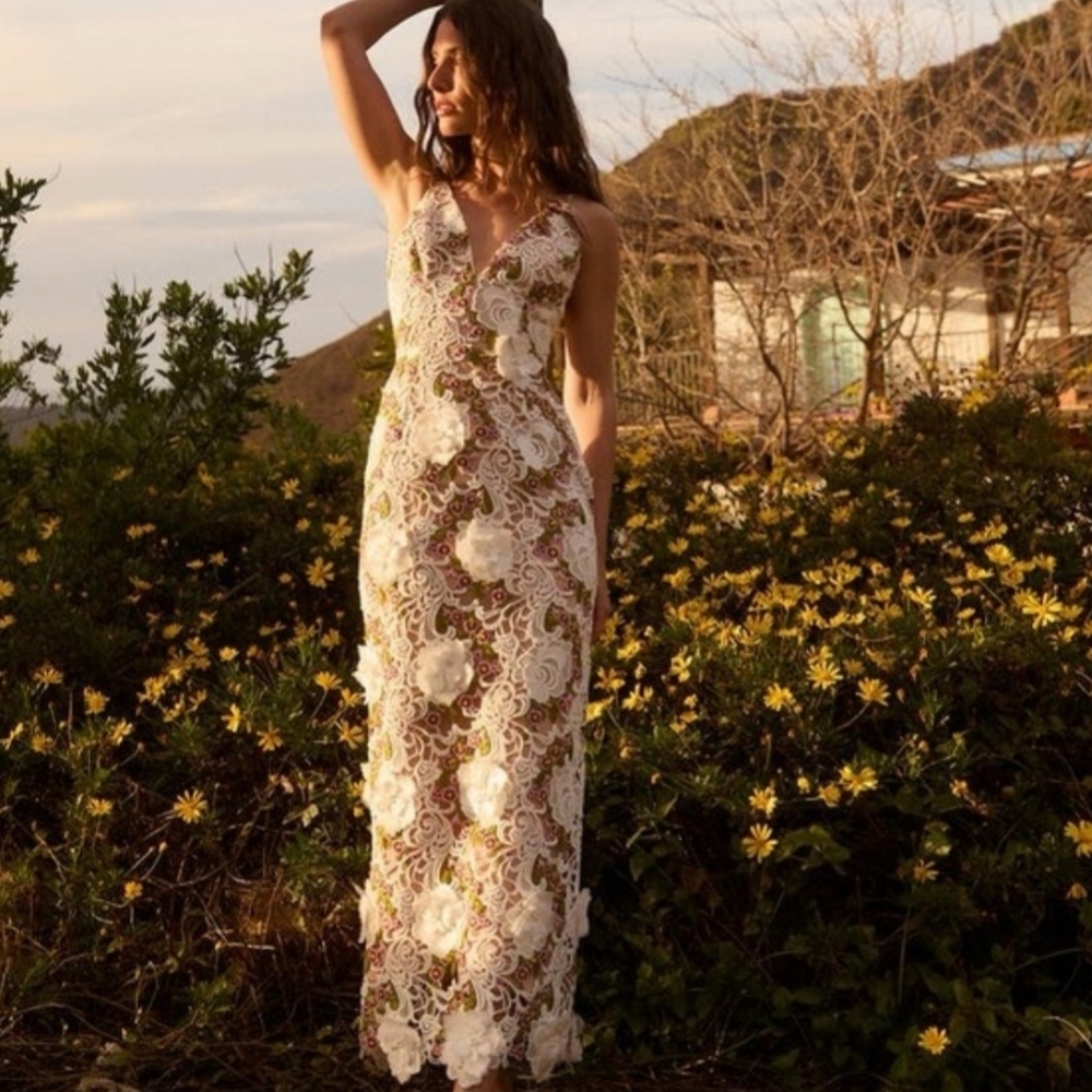 HELSI Norah Plunging Dimensional Floral Column Dress M